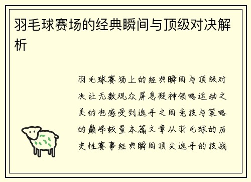 羽毛球赛场的经典瞬间与顶级对决解析